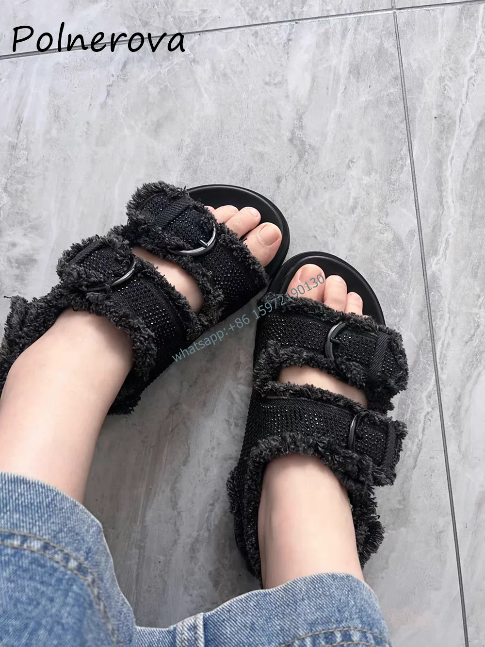 Bling Make Old Roman Sandals Round Toe Flat with Buckle Strap Thick Soled Shoes Solid Crystal Cool Girl Versatile Concise Shoes