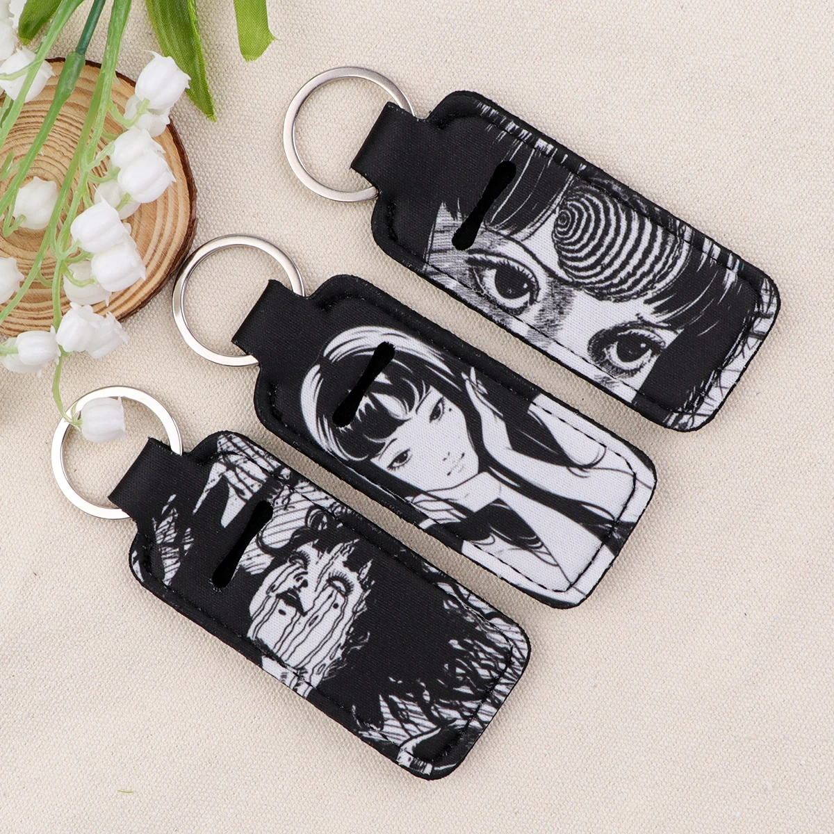 Horror Anime Girl Clip On Lipstick Sleeve Holder Lip Balm Holder Keychain Trendy Lip Balm Keyring Bag Charms Travel Accessories