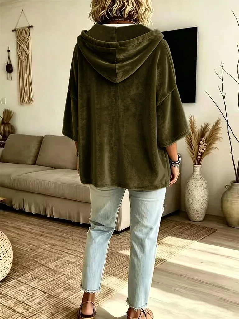 Neuer Herbst-Winter Damen Einfarbiger Samt-Hoodie mit 3/4-Ärmeln Lässige Oberteile – Detail 16