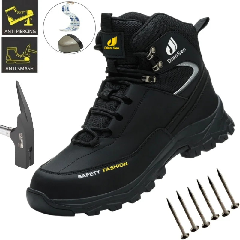 

Waterproof Leather Men Safety Shoes With Steel Toe Cap Work Botas Men Protective Shoes Anti-smash Anti-puncture Industrial Boots