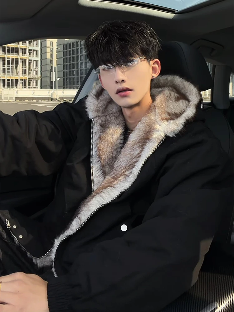 Men's 2025 Winter New High-End Hooded Faux Fur Collar Parkas Long Sleeve Thickened Cotton Jackets American Style Cotton Coats