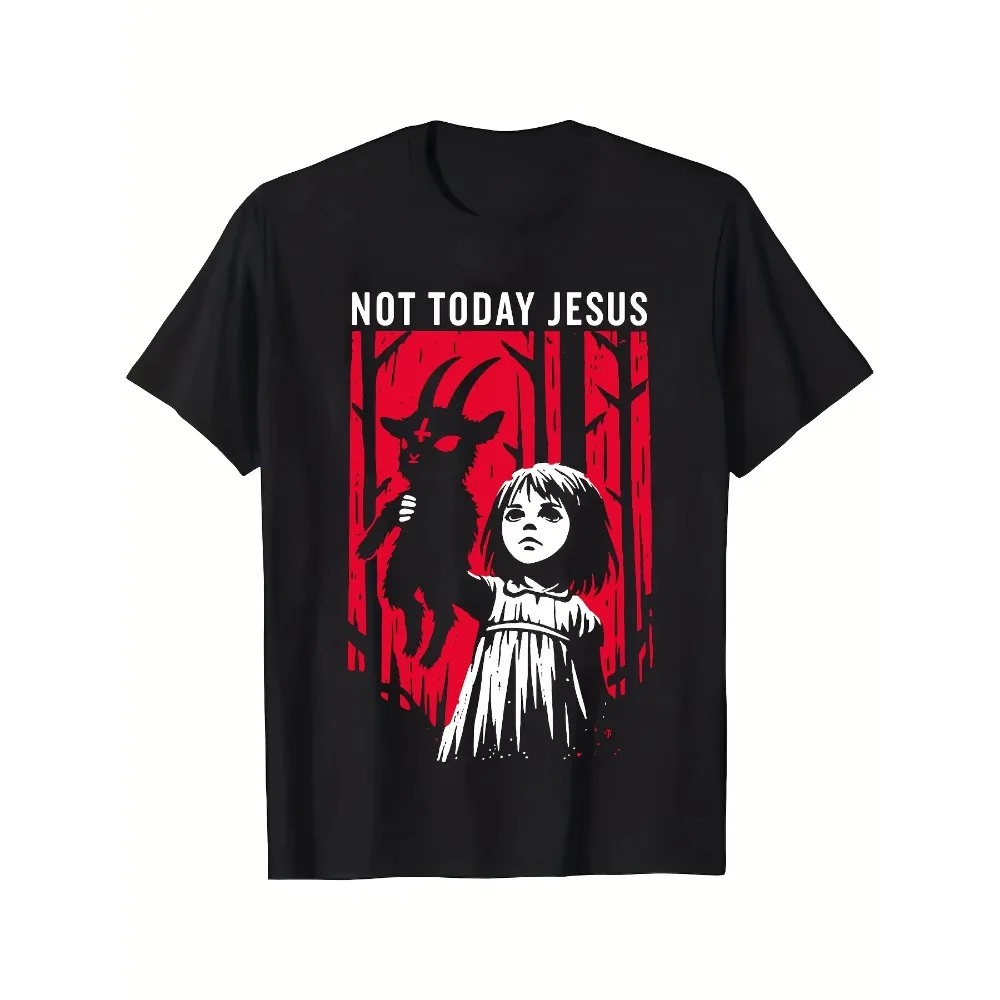 Distressed Red Print Gothic Tee Not Today Jesus Letter Pattern Round Neck Loose Daily Casual Tops For Men Women,Concert Outfit