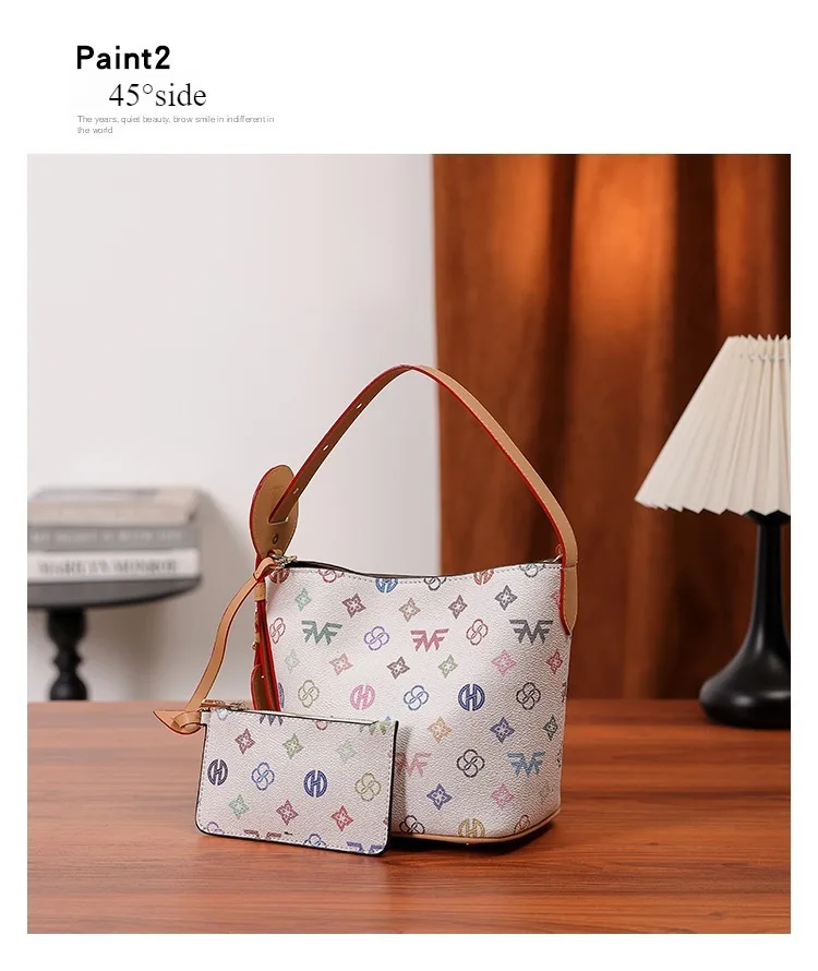 2026 new letter printed bucket bag for women, Korean version, Instagram fashion, beige crossbody handbag