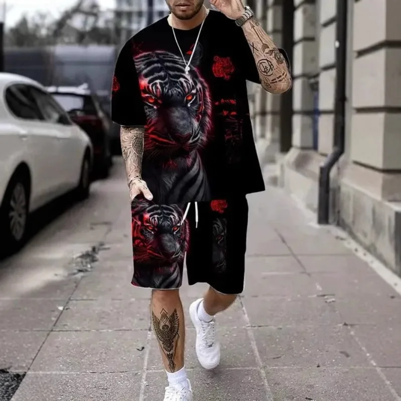 Summer Casual Men Fashion Short Sleeve Graphic T-shirt Loose Stretch Breathable Pullover High Street Trend Printed Men's Suit