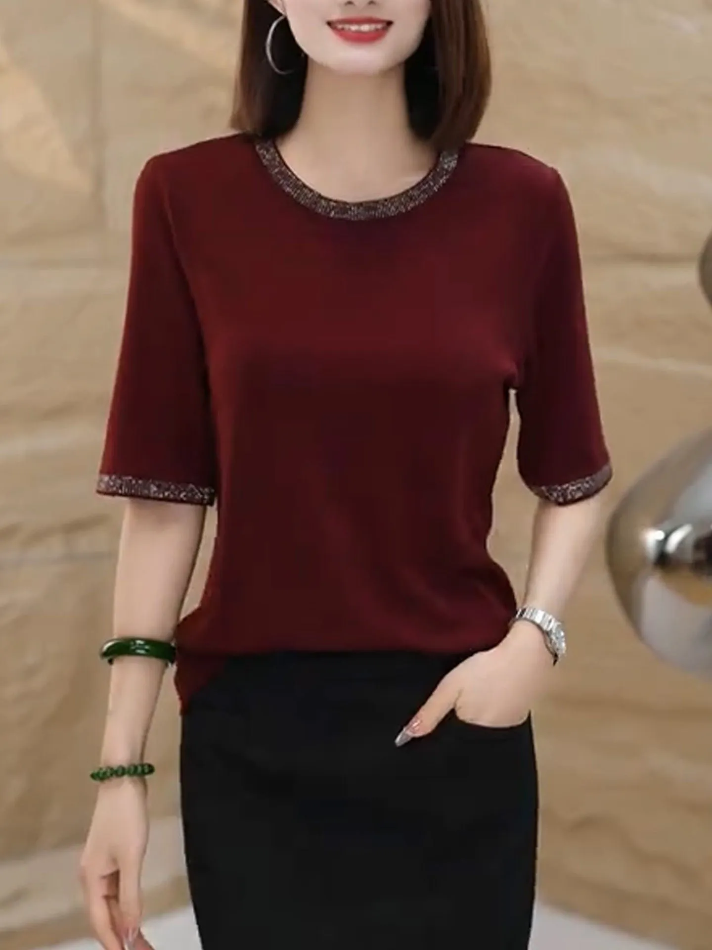 

Spring New Fashionable Short Sleeve Knitted Top round Neck Heat Transfer Diamond Design Sense Unique Attractiveness Commute S...