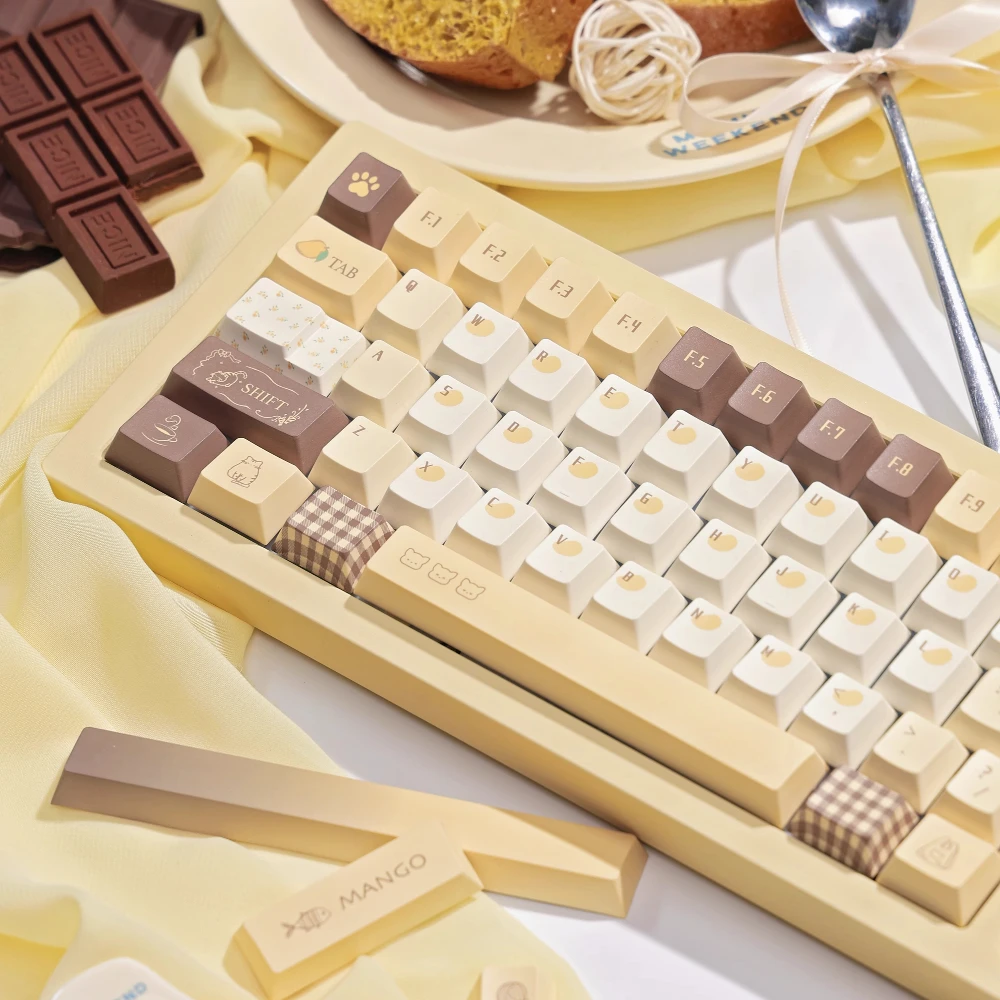 Mango Latte Theme Keycap Set PBT Sublimation FOA Cherry Profile Keyboard Caps Light Yellow Coffee Color Cute Keycaps 145 Keys