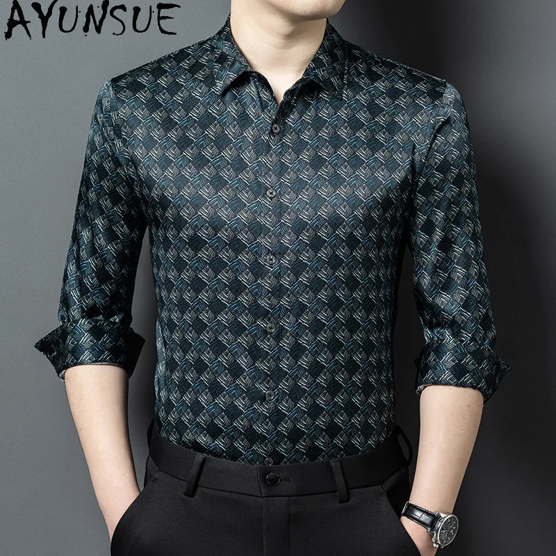 AYUNSUE 93% Real Mulberry Silk Shirt Men 2026 Spring Summer Fashion Printed Tops Casual Long Sleeve Shirts Man Chemise Homme