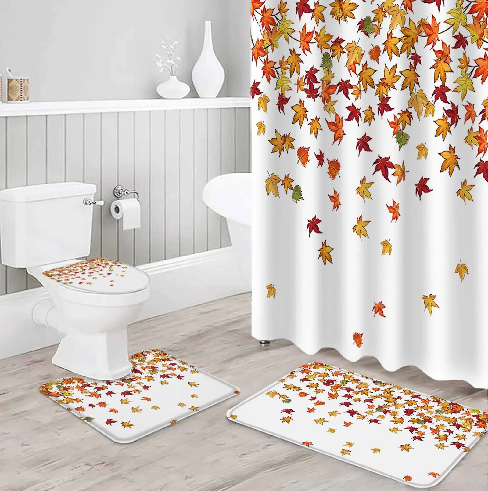 Leaf Maple Leaf Polyester Printed Shower Curtain Bathroom Set Luxury Curtain Abstract 4-piece Set Coral Velvet Foot Mat