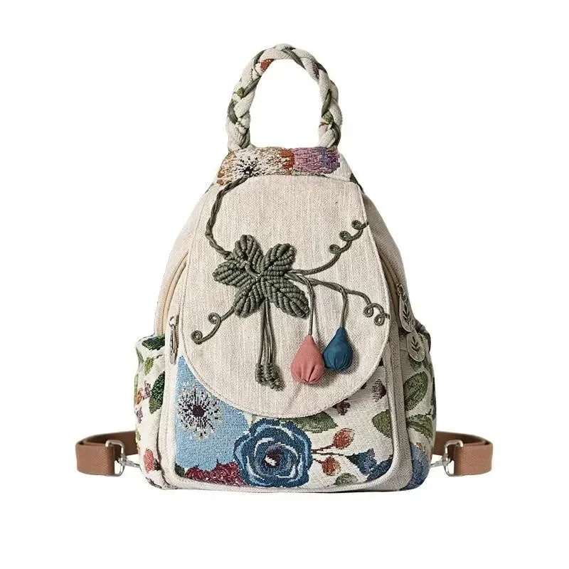 

New Ethnic Style Backpack Hand Woven Double Shoulder Multi Compartment Lightweight Canvas Commuting Multi-functional Chest Bag