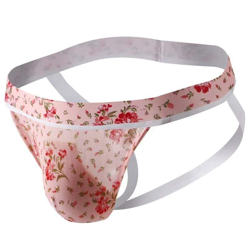 Men's Floral Mesh Jockstrap, Breathable Printed Thong with Wide Waistband Gays Erotic U Pouch Low Waist Open Buttocks Underpants