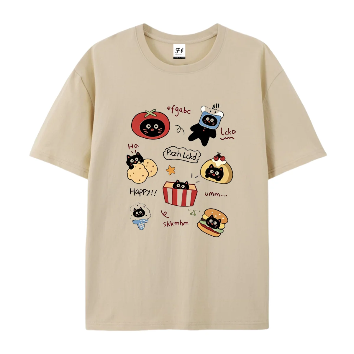 Men Short Sleeve T Shirt Cute Black Cat Food Graffiti Print Casual Tees Round Neck Soft Cotton Cartoon Animal Streetwear Tops