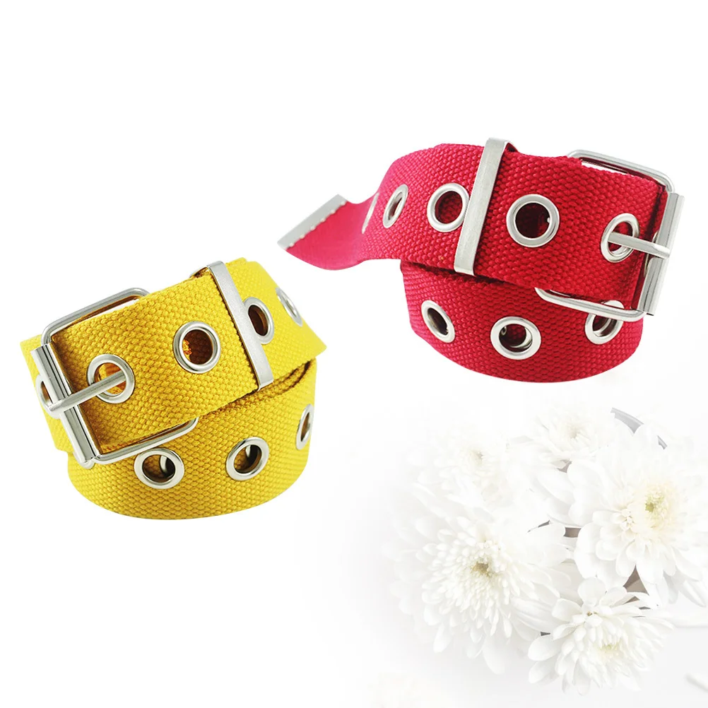 

2Pcs Hollow Canvas Waist Belt Adjustable Durable Casual Lightweight Iron Buckle for Women Girls Ladies Red Yellow