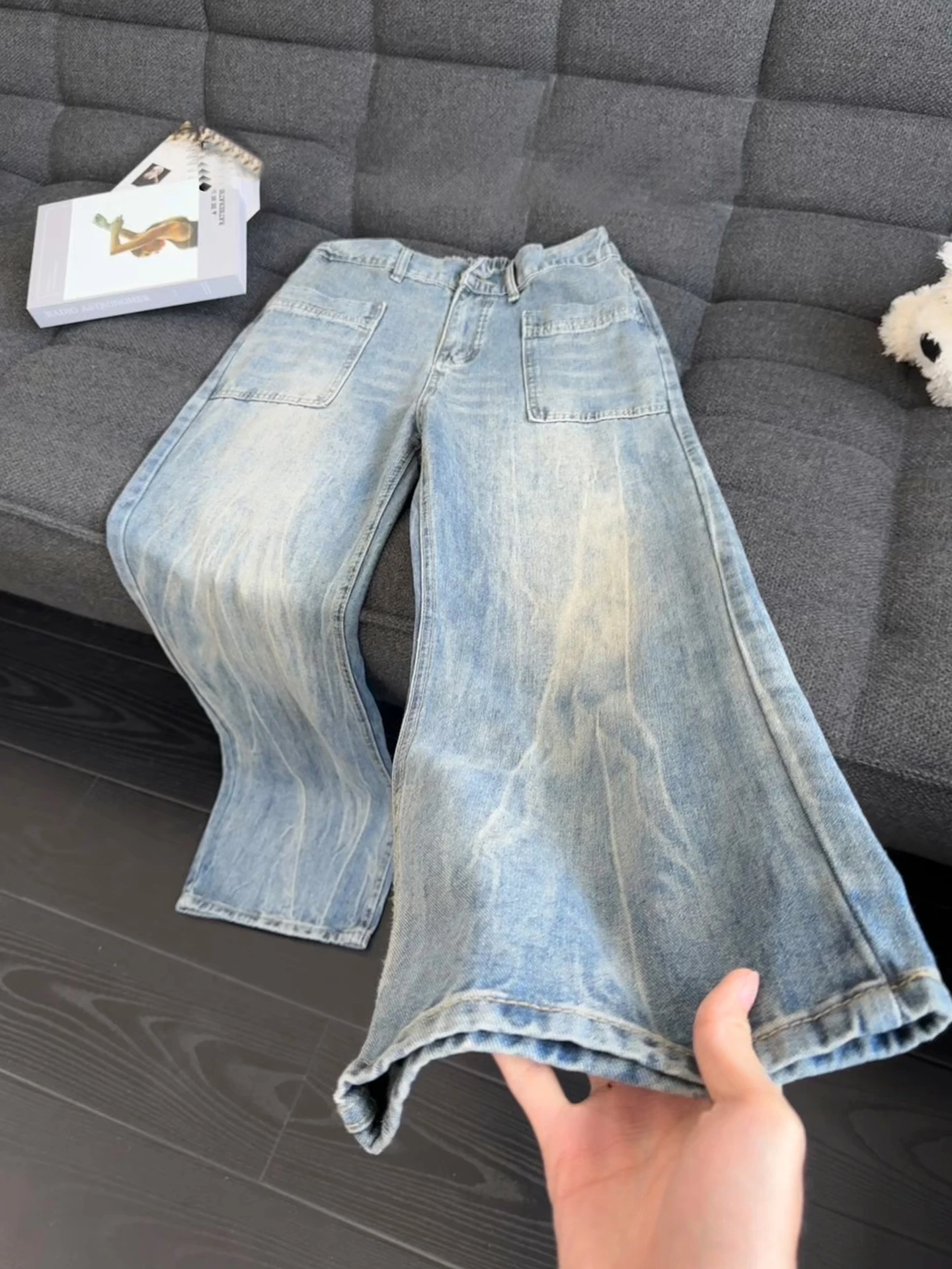 

Blue Lightning Pattern Workwear Jeans Men's Autumn Trendy Brand Haome Knife Straight Leg Micro Flared Pants