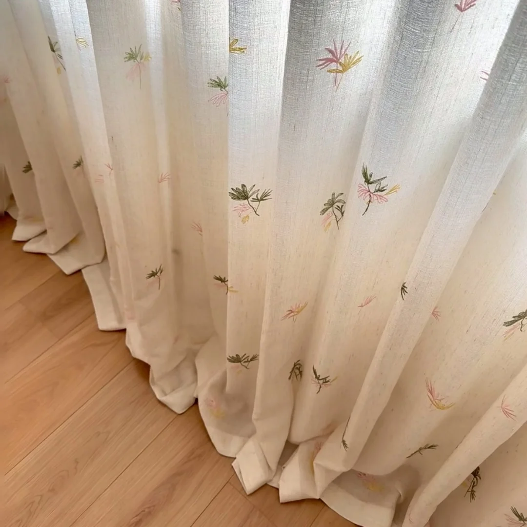 Soft Pastel Botanical Stitch Partition Sheer Curtain Decorative Fabric Drape For Rental House Room Separation