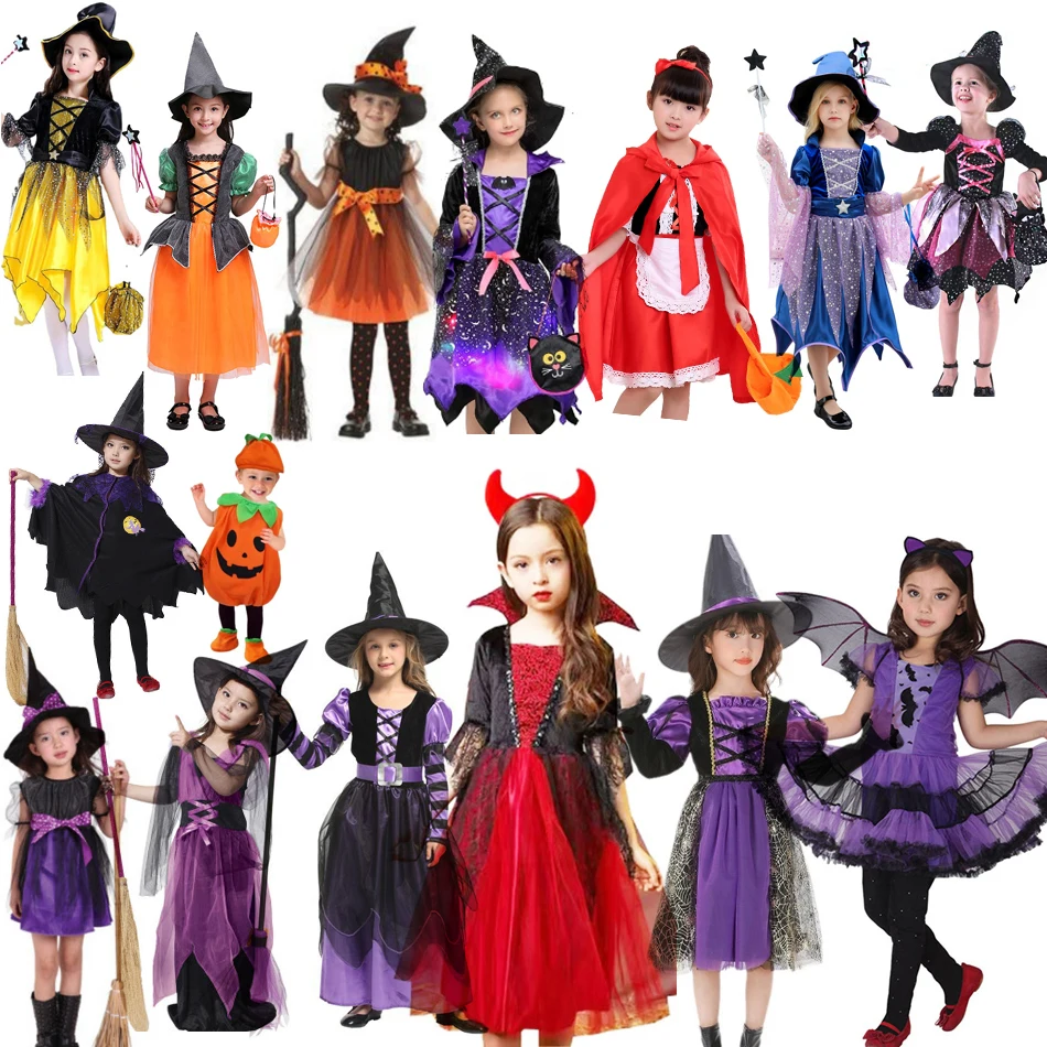 

Kids Halloween Apparel Horror Dress Witch Costume with Hat Wand Girl Carnival Black Magic Villain Wizard Vampire Cosplay Gown