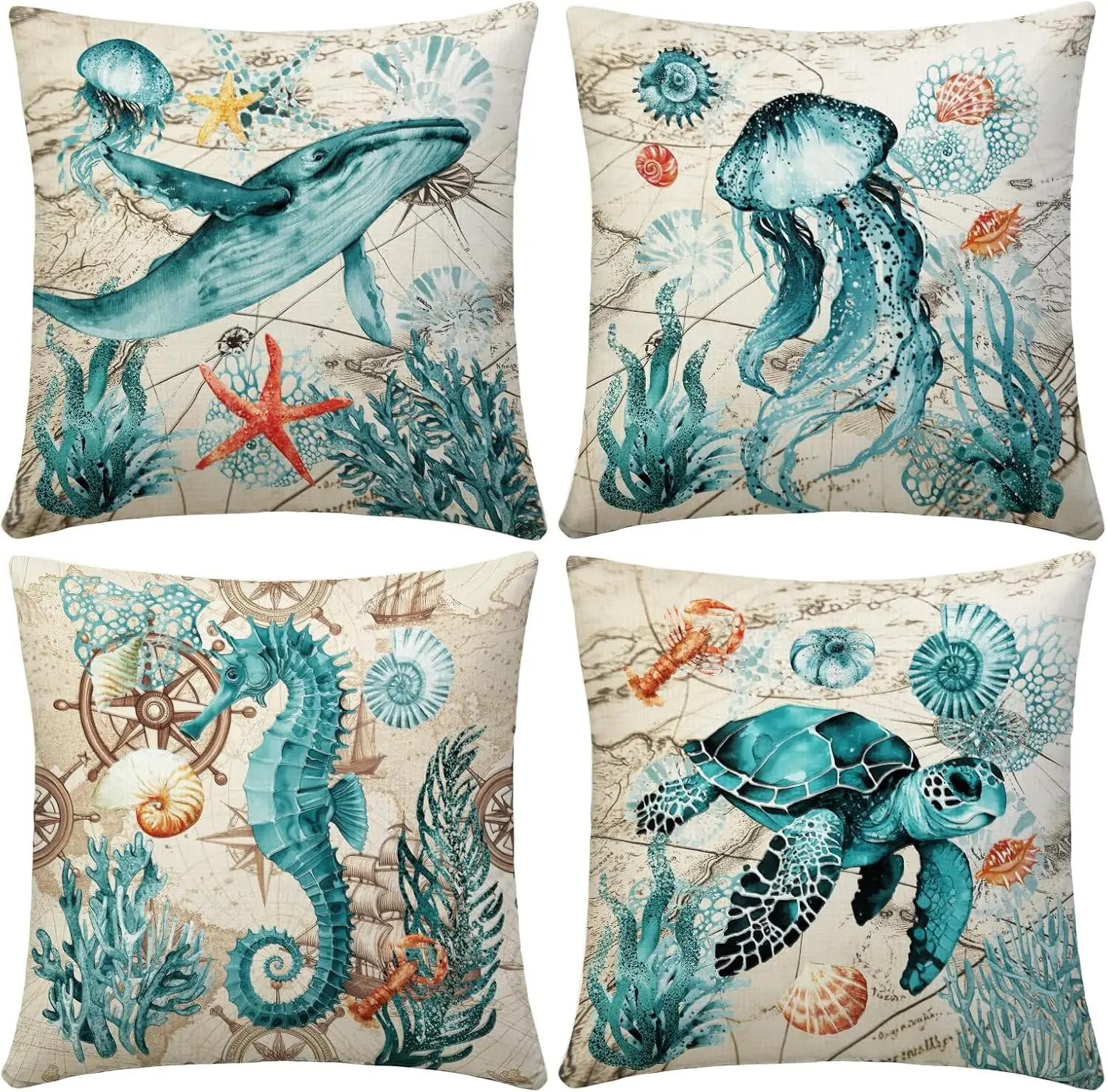 High Quality Set of 4 Ocean Life Pillow Covers Nautical Sea Decor Throw Cushions Marine Tropical Underwater Polyester Print Sham