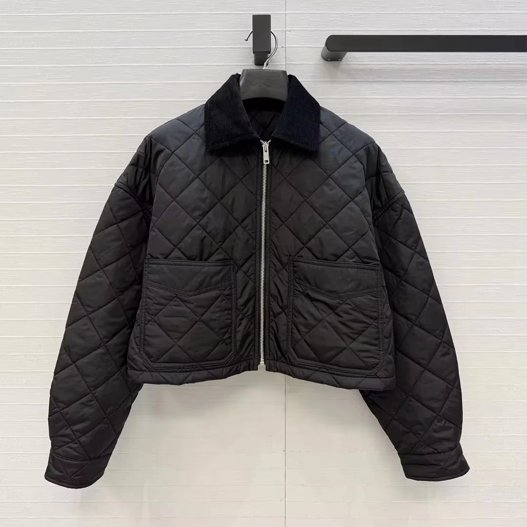 2026 New Fall Winter Argyle Quilted Cotton Liner Short Design Loose Jacket Women Corduroy Lapel Spliced Long Sleeve Casual Coat