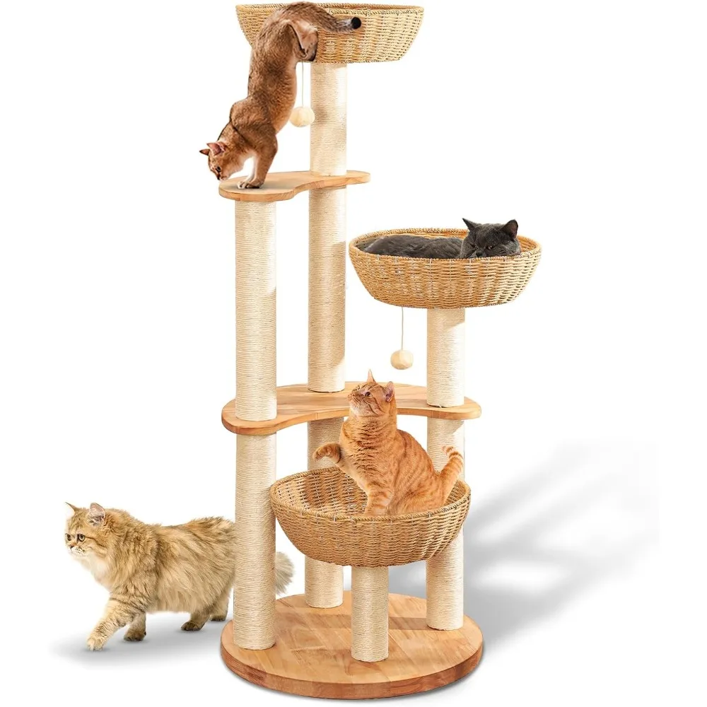 Modern Cat Tree Tower for Indoor Cats, Oak Cat Scratching Tree for Multiple Large Cats, Manual Hand Woven Luxury Cat Condo