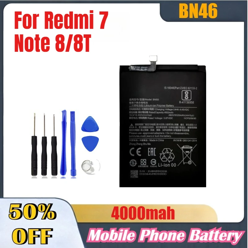 بطاريات الهاتف المحمول عالية الجودة بقدرة 4000 مللي أمبير في الساعة BN46 BN4A لشاومي Redmi 7/Note 8/8T لبطاريات الهاتف المحمول Redmi Note 7/7 Pro