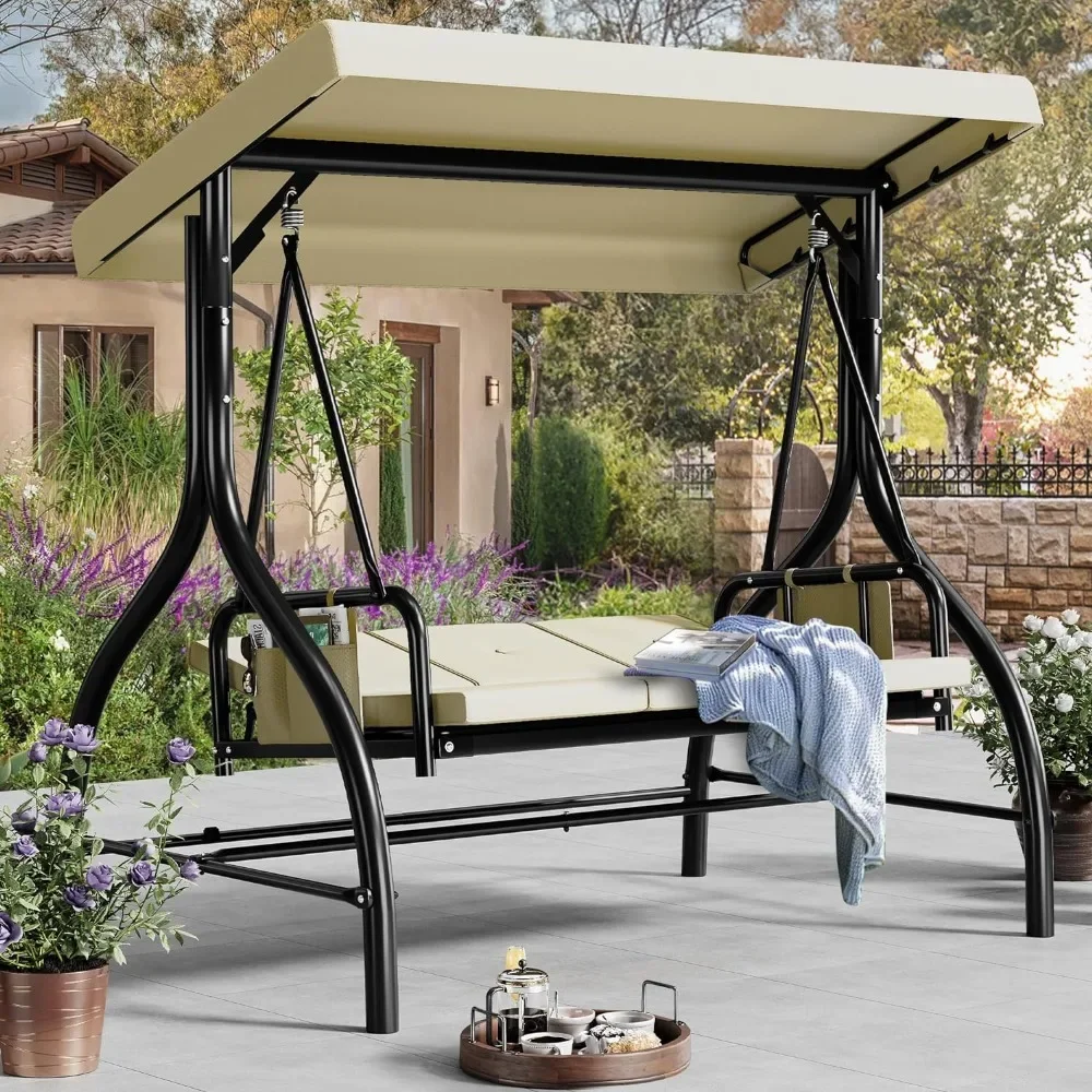 3 Seats Outdoor Swings for Adults Porch Swing with Canopy Outdoor Patio Swing Heavy Duty Swing Chair with Adjustable Canopy