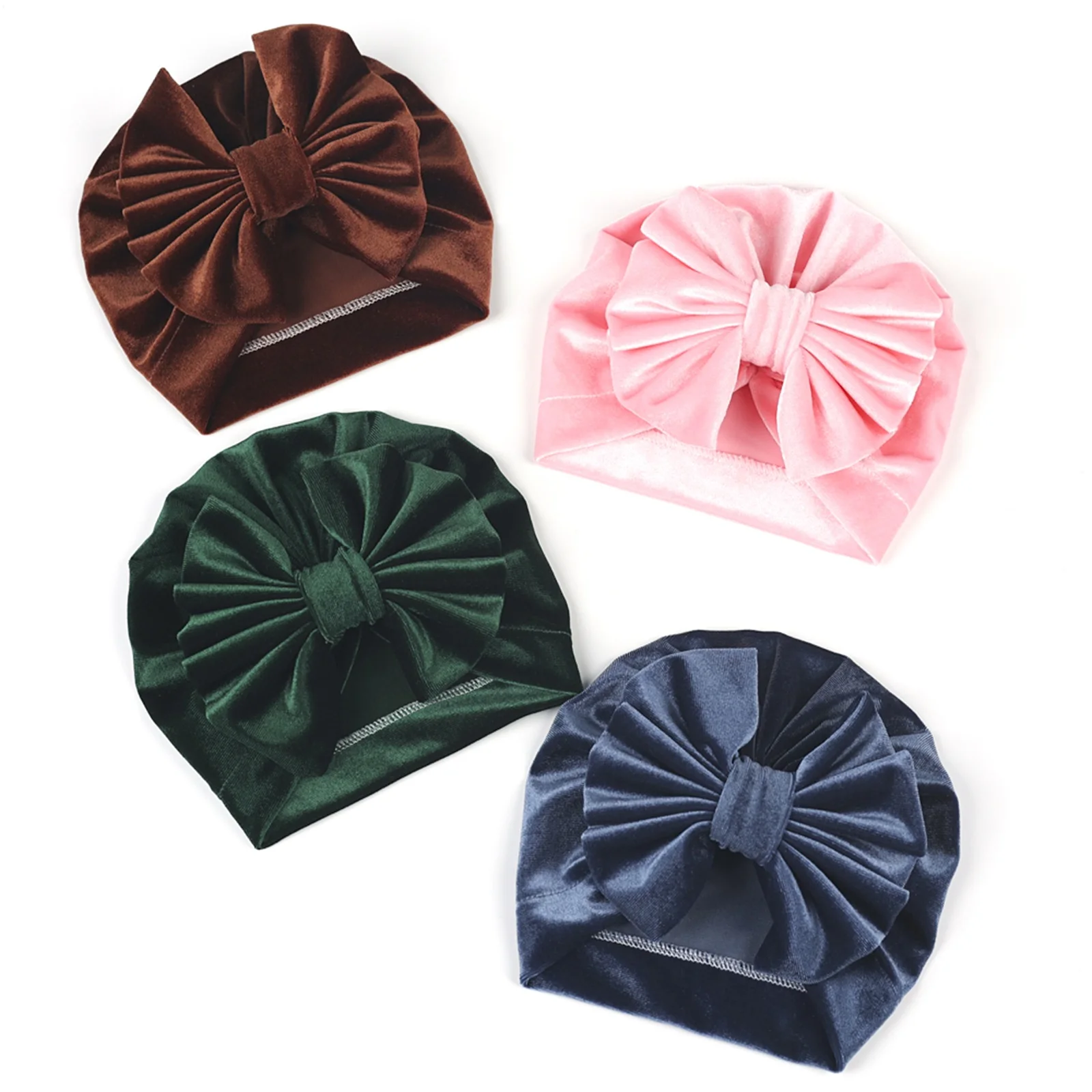 Newborn Velvet Hats, Solid Color Bowknot Warm Soft Autumn Winter Cap for Baby Boys and Girls image 2