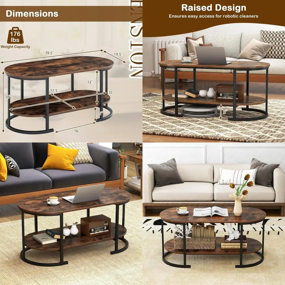 

Oval Wooden Coffee Table with Open Storage Shelf, Rustic Brown, Perfect for Living Room or Study Area