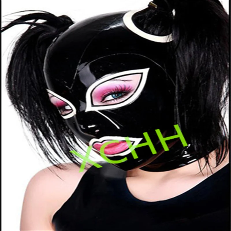

Handmade Latex Hood Rubber Mask Black with Whte Back Zip Sexy Fetish Headgear Customize Halloween Cosplay Costume