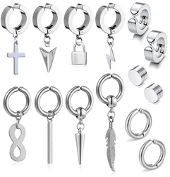 2-14 Pieces Clip on Earrings for Men Women Stainless Steel Fake Cross Dangle Earrings Silver Clip on Fake Earring Set