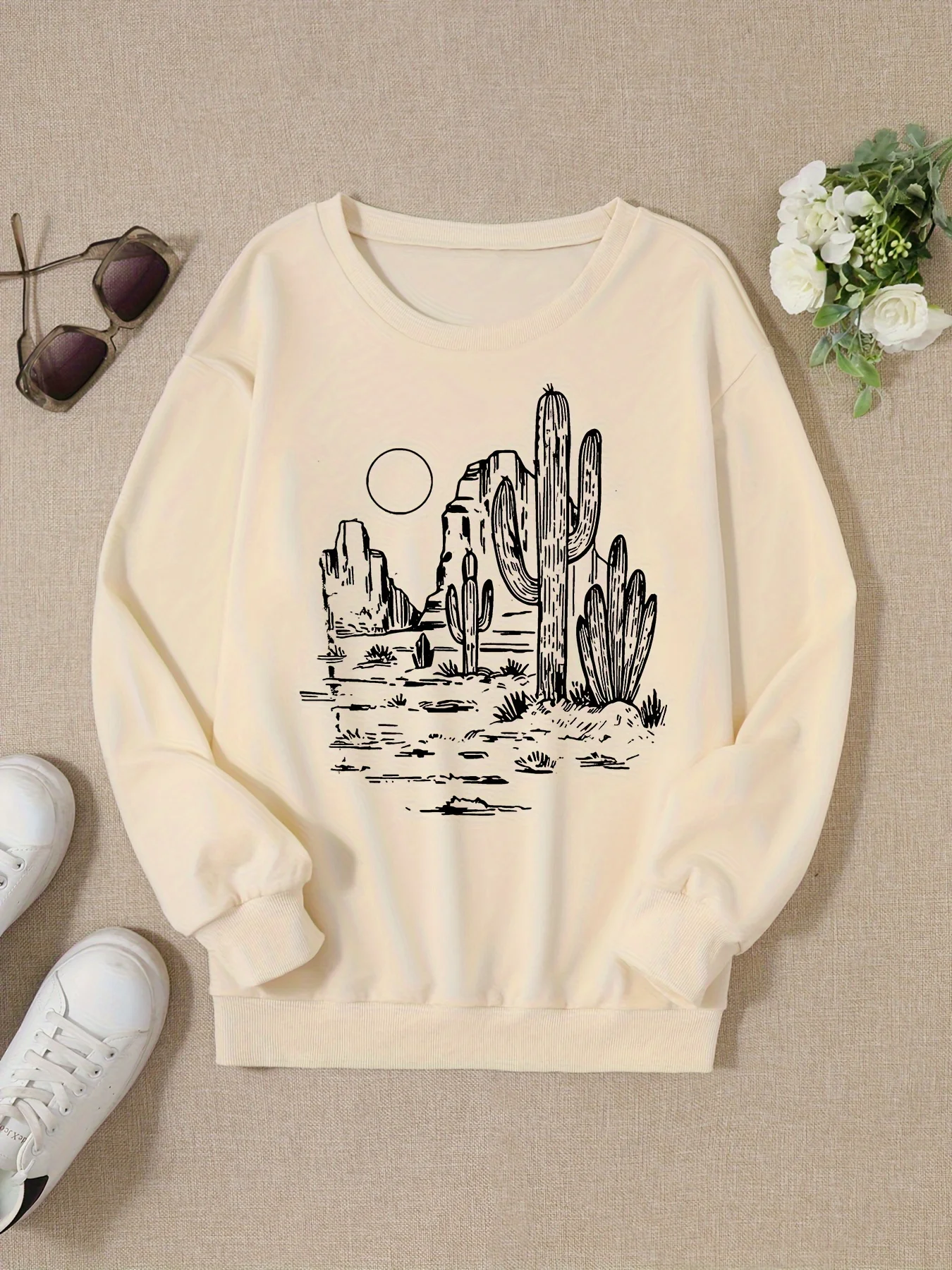 Fashion Casual Loose Simple Pattern Printing Round Neck Long Sleeve T-shirt Top Suitable for Daily Travel Comfortable Breathable
