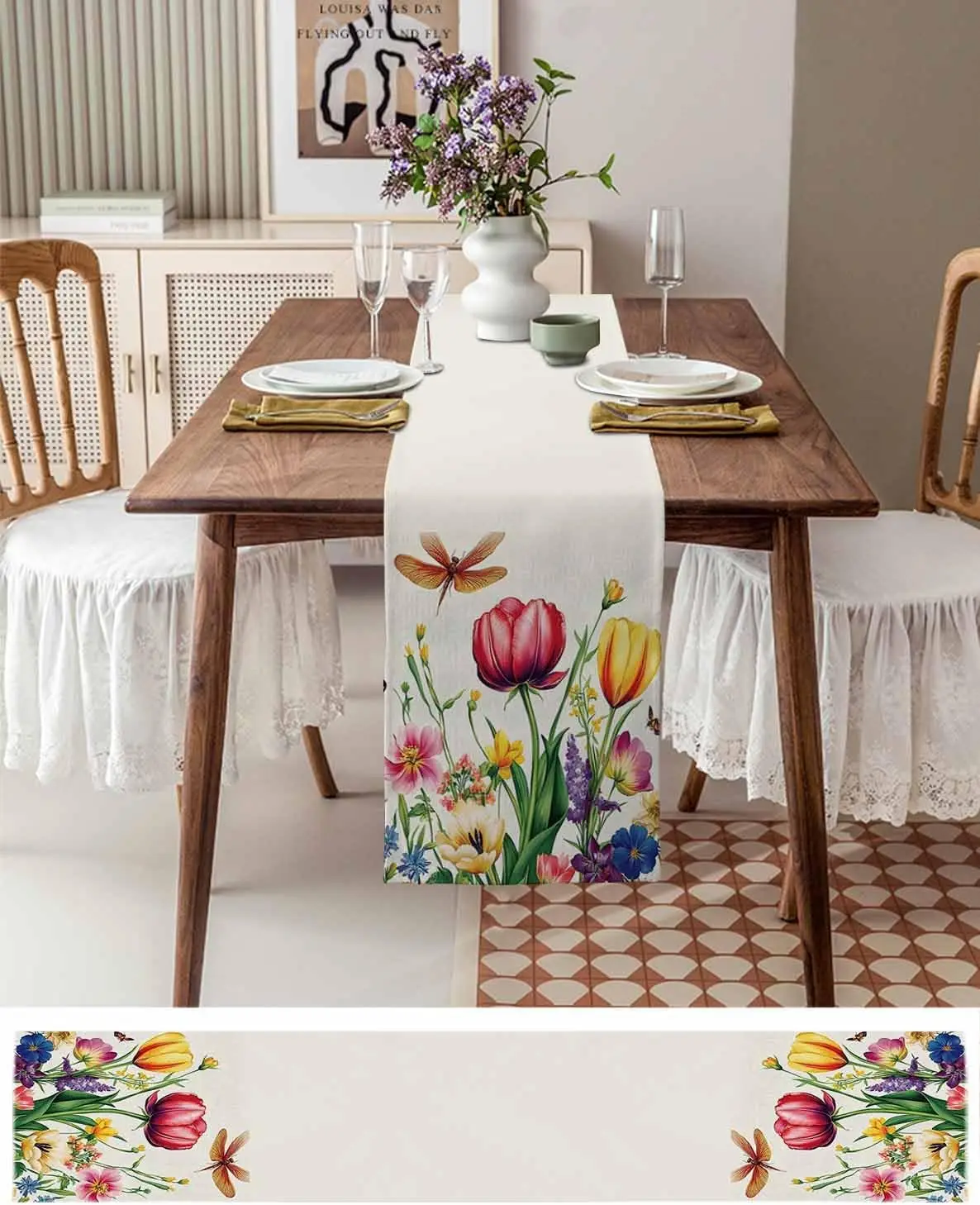 Spring Tulip Floral Linen Table Runner Holiday Wdding Party Decor Seasonal Summer Flowers Plant Table Runners Dining Table Decor
