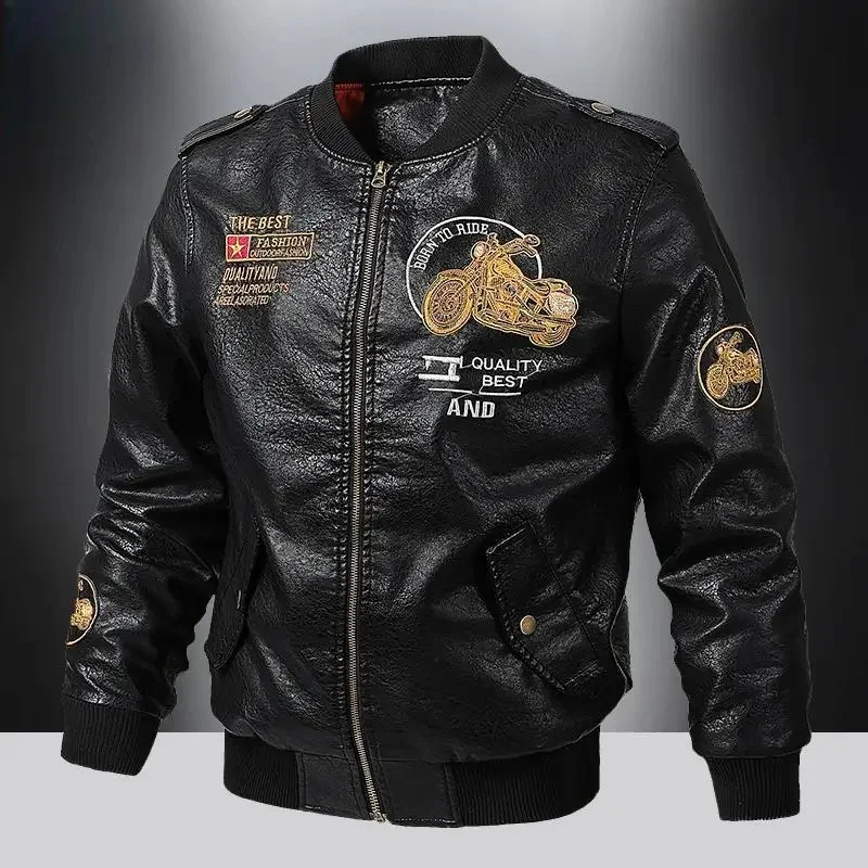 2023 New Trend Fashion Leather Street Vintage Motorcycle Men Jacket Hot Windproof Fit Casual Faux Fur Baseball Male Coat