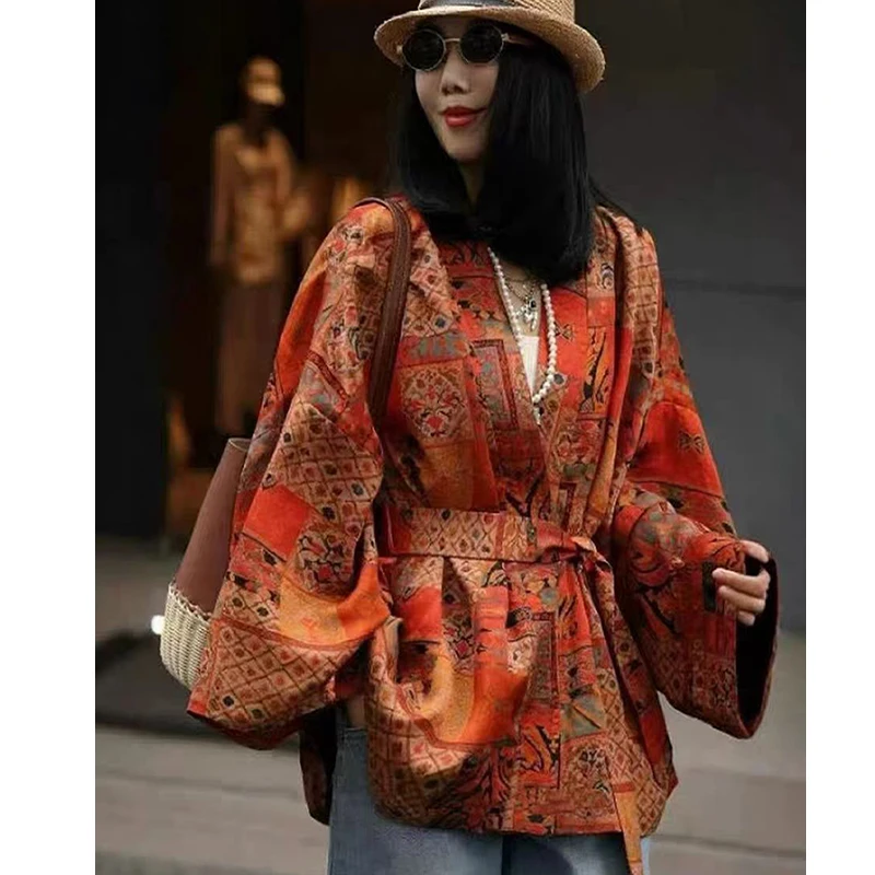 

Early Autumn New V-neck Retro Styls Rayon Fabric Printed Long Sleeve Cloak Loose Women's Jacket +Belt S-XL
