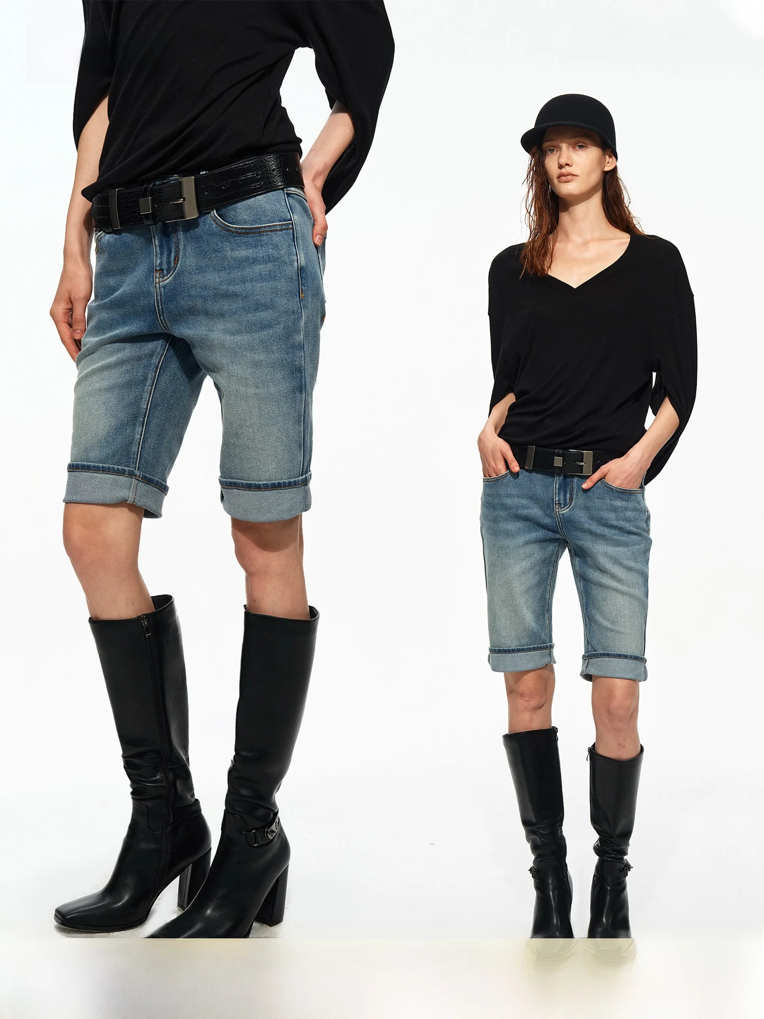 PRRP R2 Classic Fashionable Retro Gradient Stone Wash Blue Watered Denim Shorts Casual Five-Point Mid-Pants Low Waist Straigh...