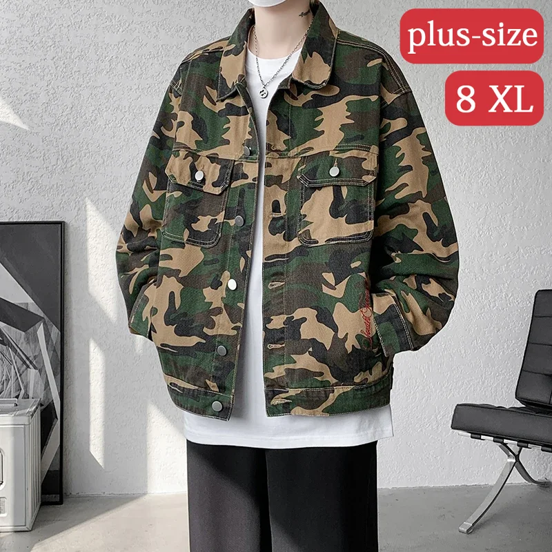 2024 Hong Kong style outdoor workwear denim jacket new versatile camouflage long sleeved men\'s jacket oversized jacket M-8XL