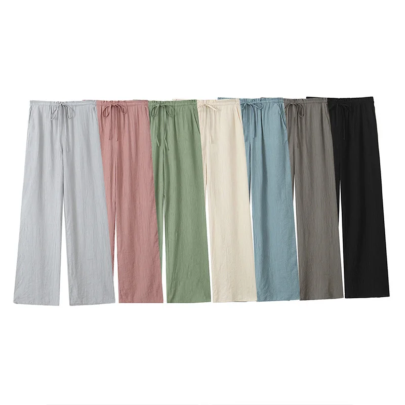 

Летние тонкие женские широкие брюки, новинка 2024, повседневные свободные длинные брюки на завязках с высокой талией, разные цвета, с боковыми карманами, женские брюки