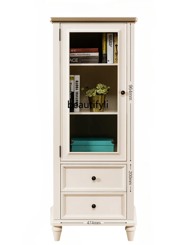 American white pure solid wood, living room display cabinet glass wine cabinet, single door wall storage cabinet