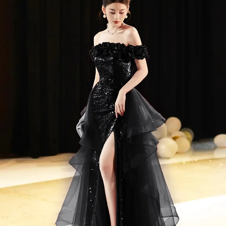 Black off-shoulder evening gown 2024 latest light luxury sequins high-end banquet gown vestido longo feminino pra casamento