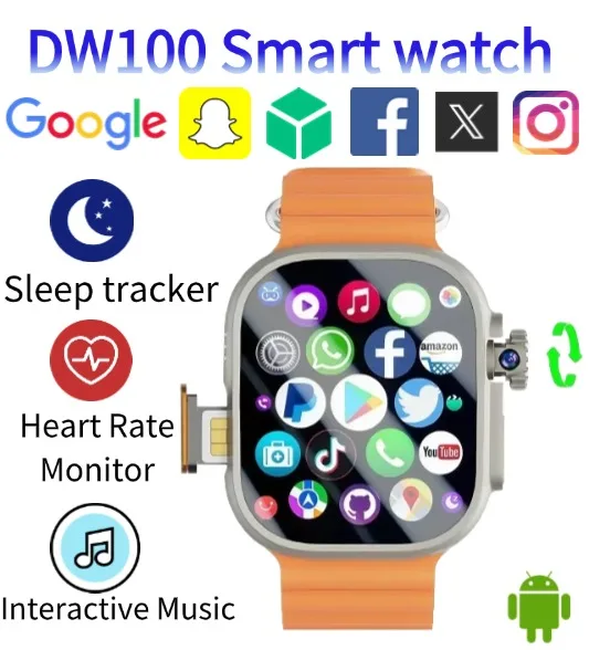 ساعة ذكية متقدمة DW100 4G تعمل بنظام أندرويد 2025 للاتصال العالمي بصمة الإصبع فتح 2.29 بوصة AMOLED 4G SIM دردشة فيديو WIFI GPS