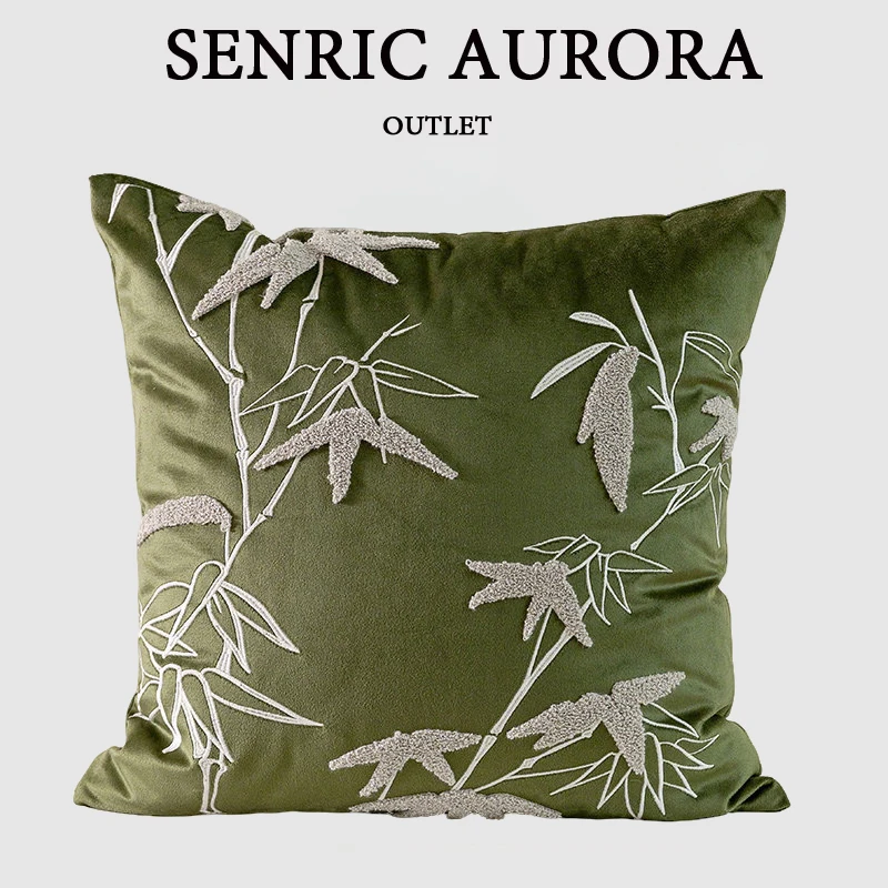 Design Luxury Cushion Cover Plush 45x45cm Dark Green Maple Bamboo Square Pillowcase For Home Hotel Bed Living Room Sofa