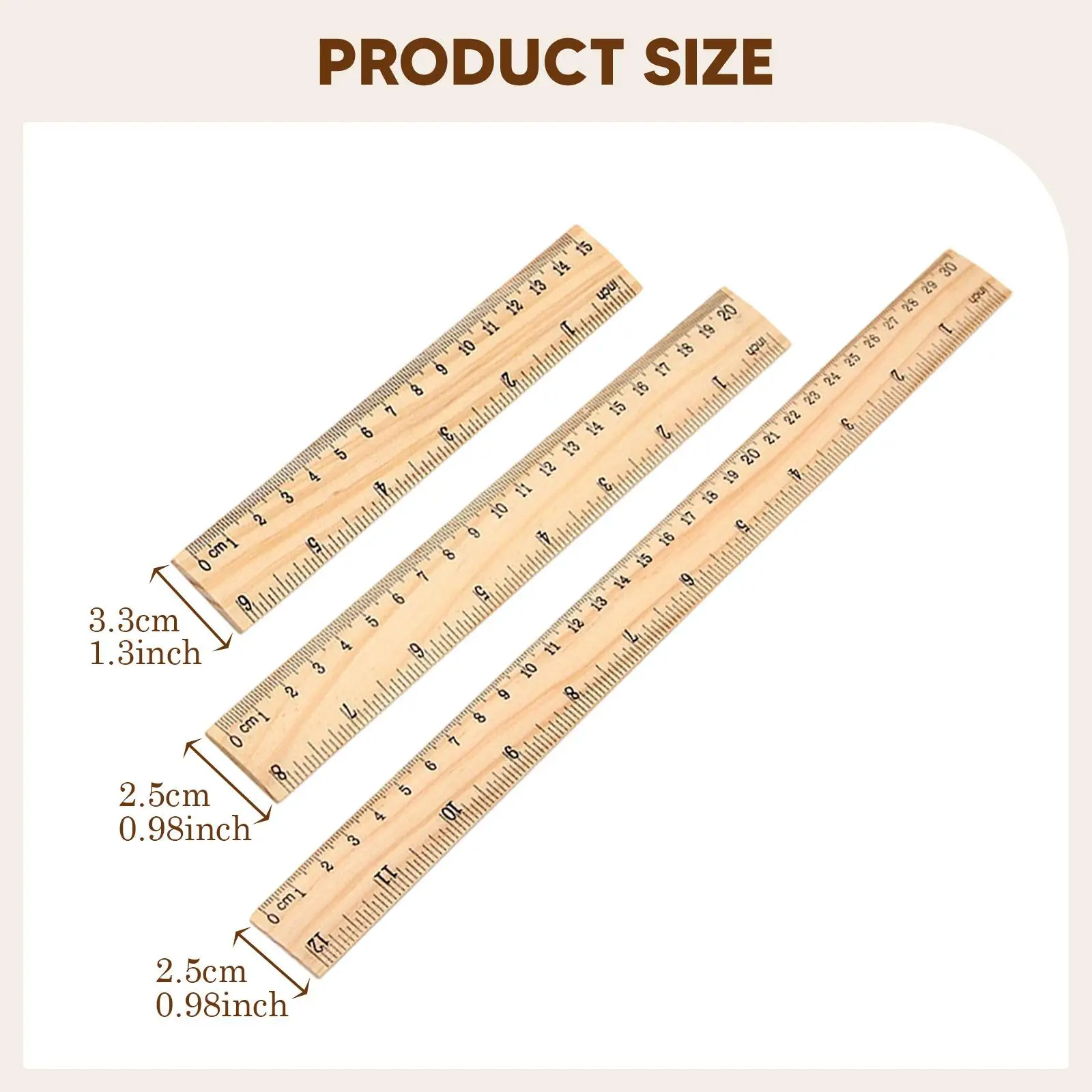 3x Wooden Rulers Measuring Rulers Versatile Comfortable Grip Accurate 2 Scale Measuring Tool for Engineers Office