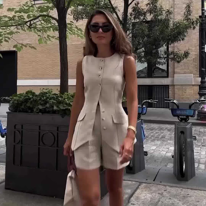 

Women High Waist Short Sets Solid Two Piece Vest Suits Sleeveless Single Breasted Cardigan Pocket Shorts Suit Summer Lady