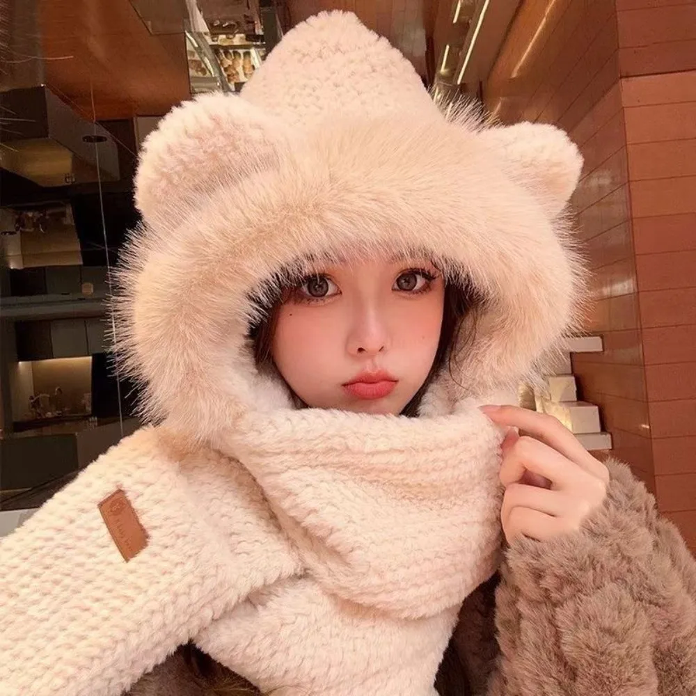 Cute Warm Hooded Scarf Hat Thickened Anti-Freezing Winter Hat Scarf Set Windproof Integrated Neck Warm Cap for Daily Wear