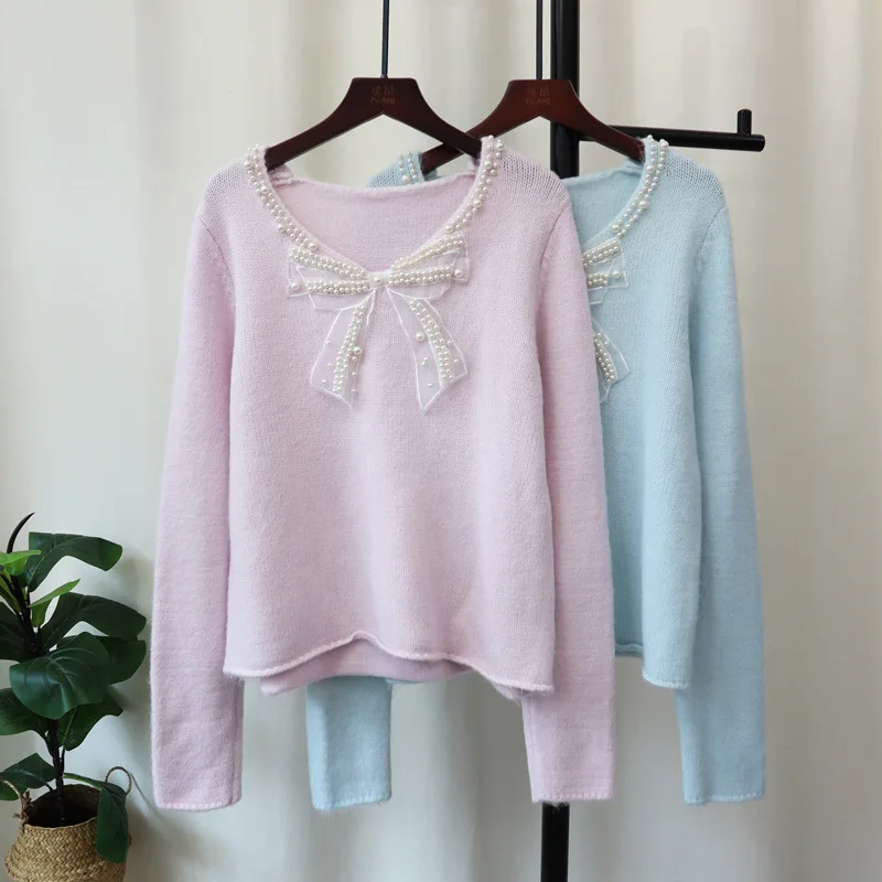 

2024 Autumn Winter New Item Loose sweet Soft Gentle Style Sweater Pullover Women Nail Bead Bow Knitted Sweater Tops