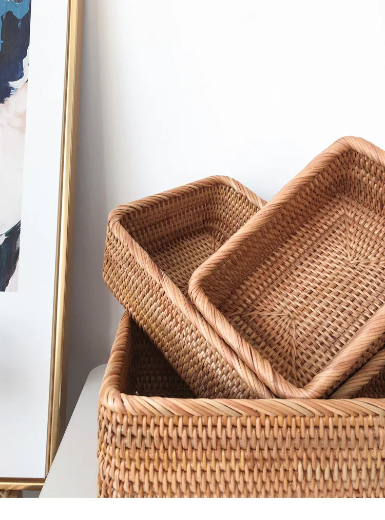 Hand-woven Rattan Wicker Basket Square Handmade Rattan Storage Basket Household Food Cosmetic Storage Box for Cake Snack Drink