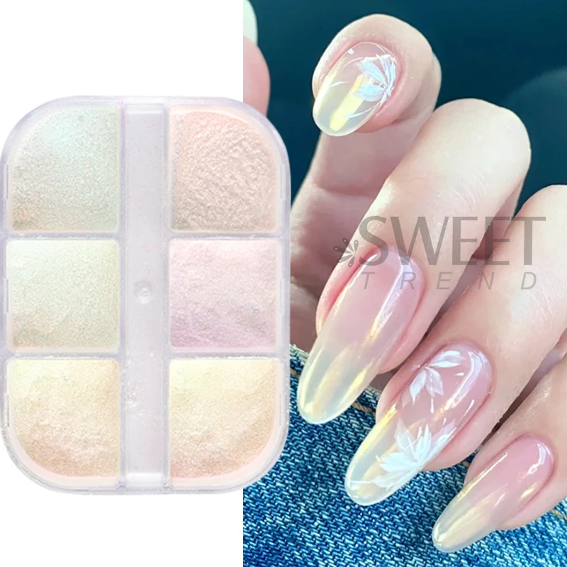 6 Grids Aurora Mirror Nails Powder Aurora Shiny Pearl Chrome Effect Pigments Gel Polish Laser Dust Glitter Manicure Decoration