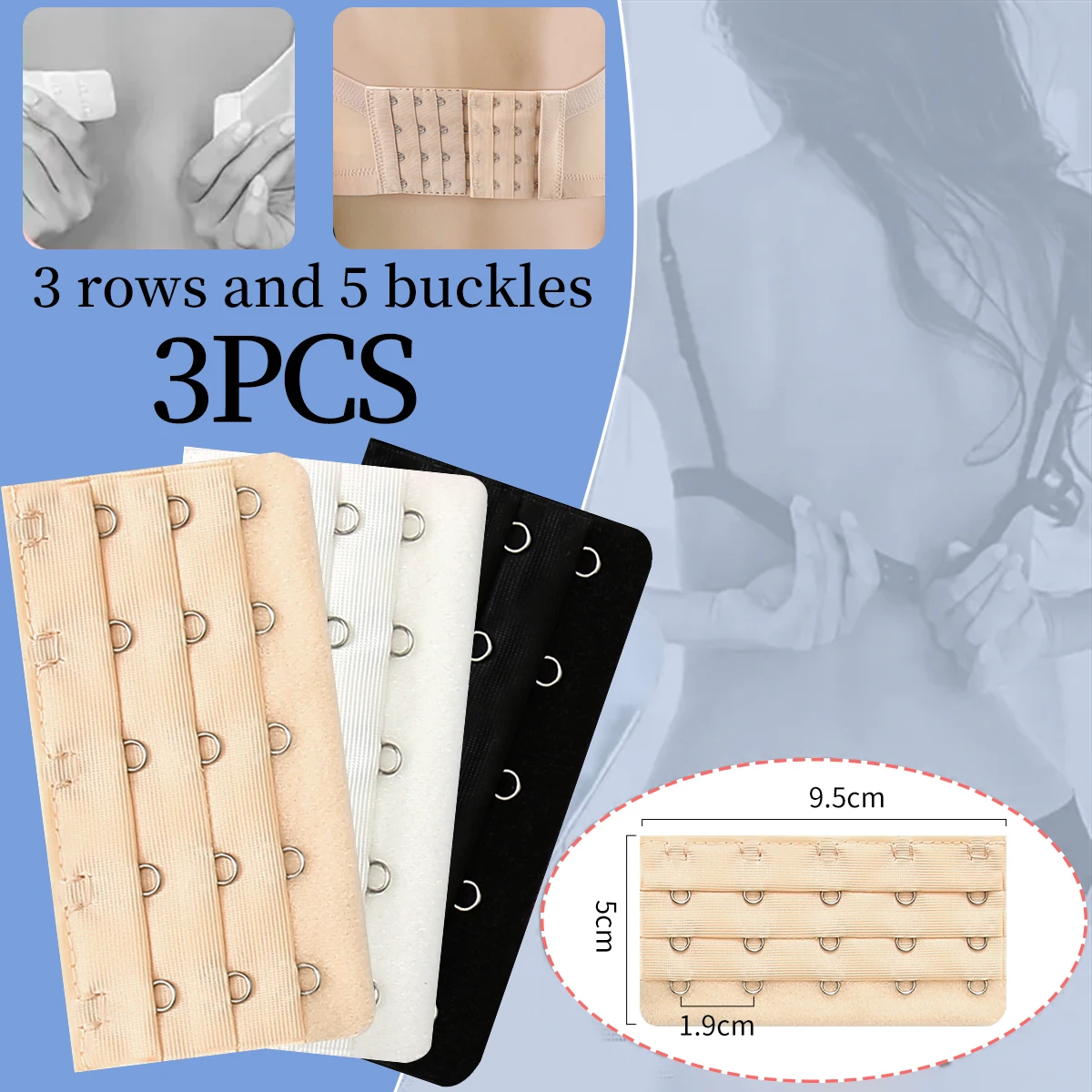 3Pcs Women's Soft & Stretchy 3 Rows X 5Hooks Bra Extenders