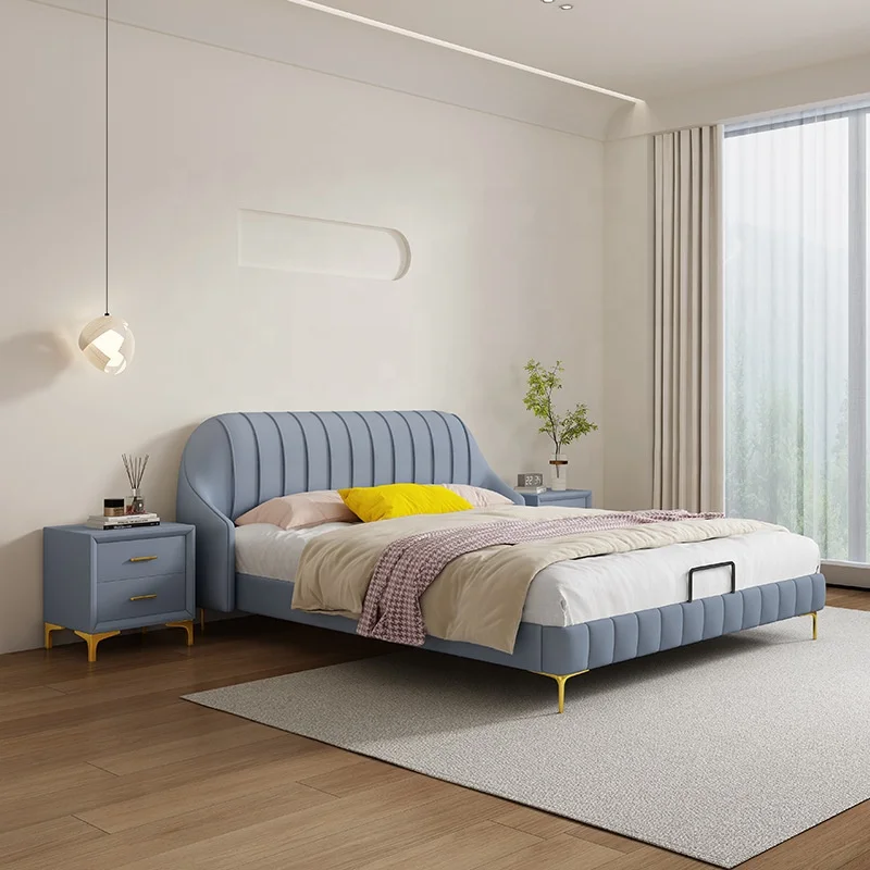 Home Furniture Modern Simple Wholesale Price Excellent Upholstered Solid Wood Frame Blue White Soft Leather Queen Bed for Adult