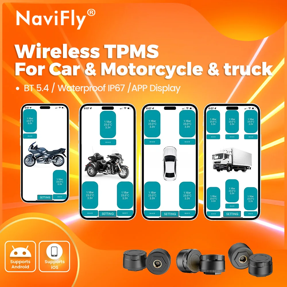 Sistema de Monitoreo de Presión de Neumáticos (TPMS) Navifly para Teléfonos con Sistema iOS de Apple y Android, Compatible con Monitoreo de Automóviles, Motocicletas y Triciclos