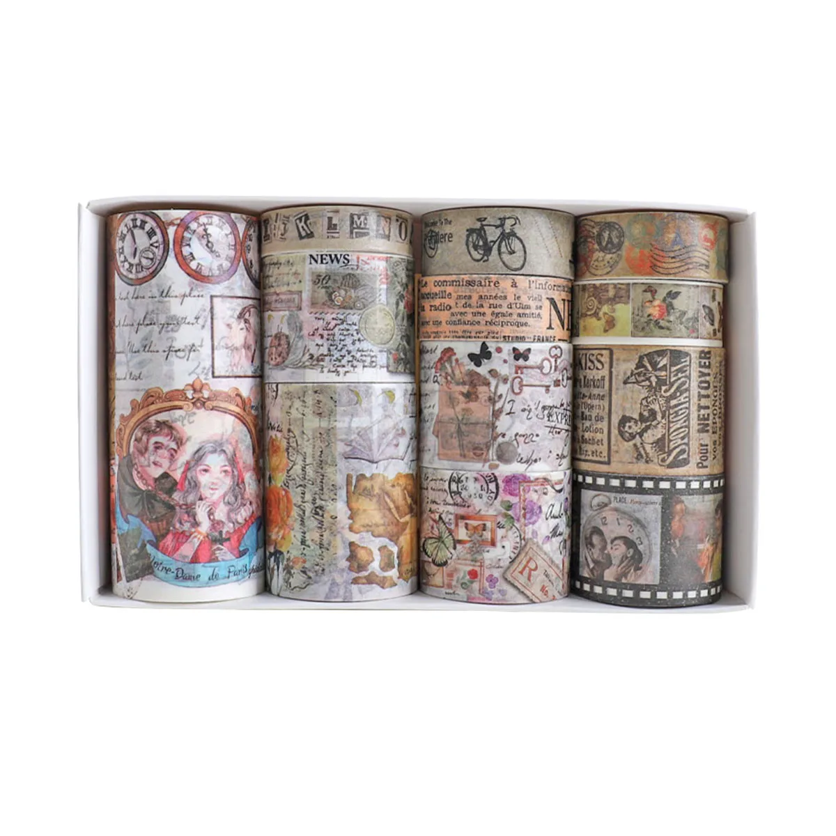 12 لفة/صندوق من شريط واشي ذو طابع عتيق، مشاهد وأنماط مختلفة، مواد تزيين سجل القصاصات المصنوعة يدويًا.