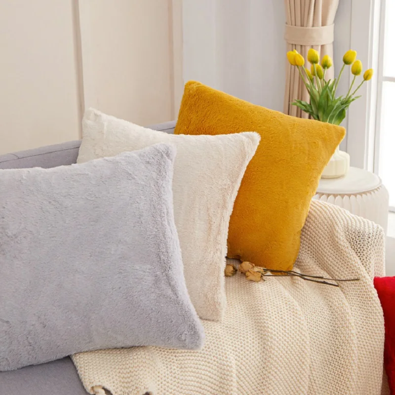 

Inyahome-Decorative Rectangle Faux Rabbit Fur Throw Pillow Covers, Modern Cushion Cases for Patio Couch Bench, 45x45cm